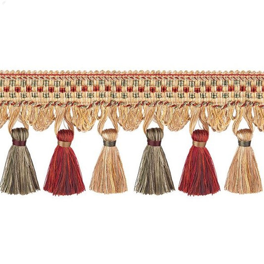 Florence Tassel Fringe Jewel in vibrant red, gold, and green tones, ideal for decorative trims and curtain accessories in home décor.