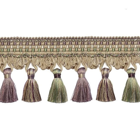 Florence Tassel Fringe Lavender trim with intricate woven design and lavender, green, and beige tassels. Ideal for curtain embellishments.