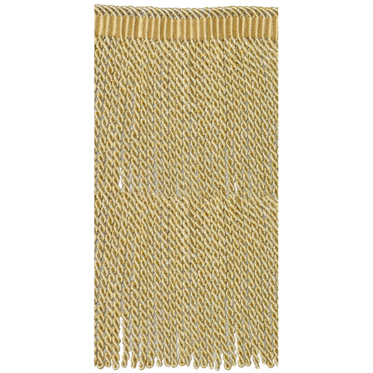 Gold fringe fabric sample on a white background