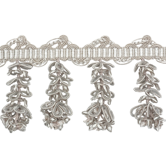 Silver decorative trim with leaf patterns on a white background