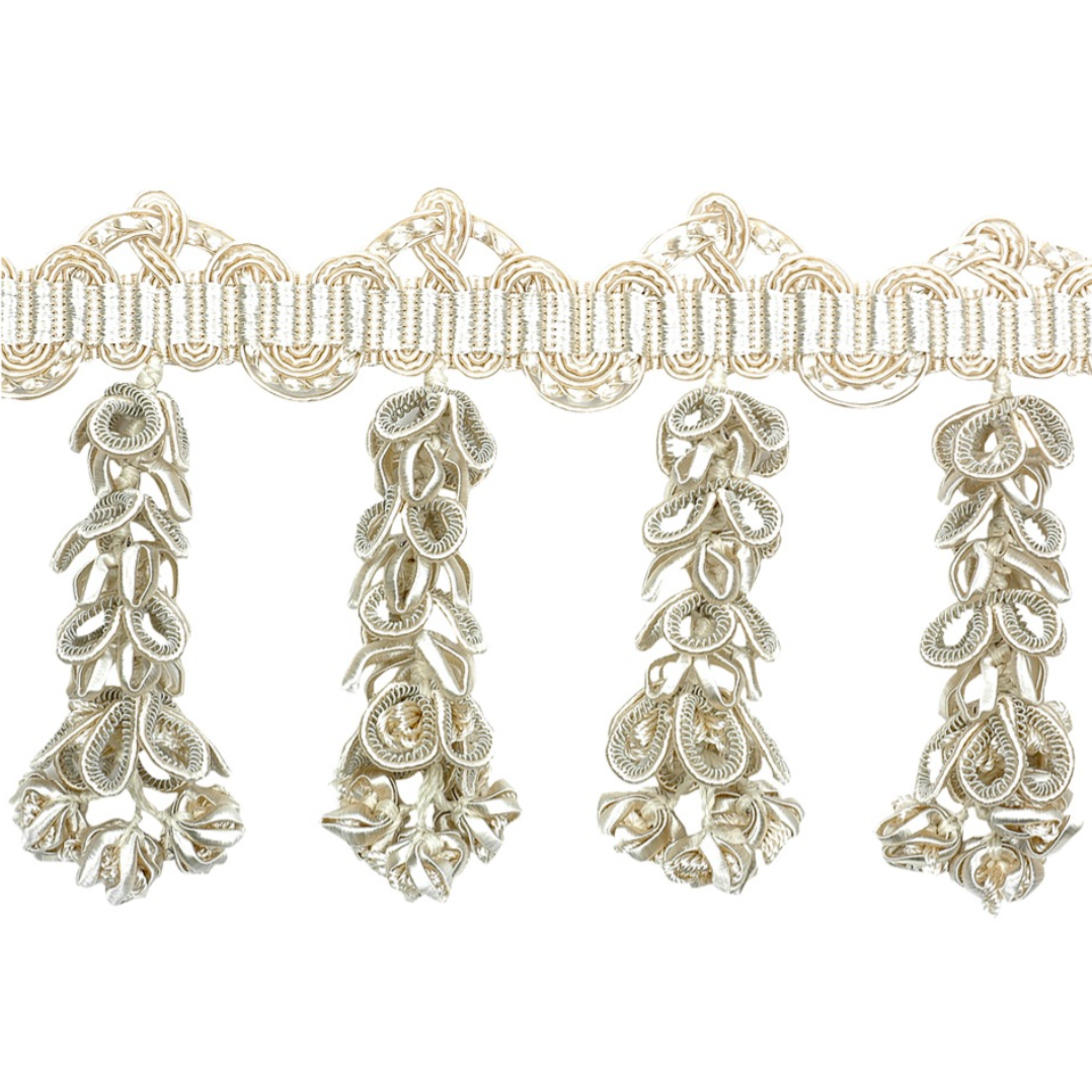 Decorative metallic lace trim with intricate patterns on a white background