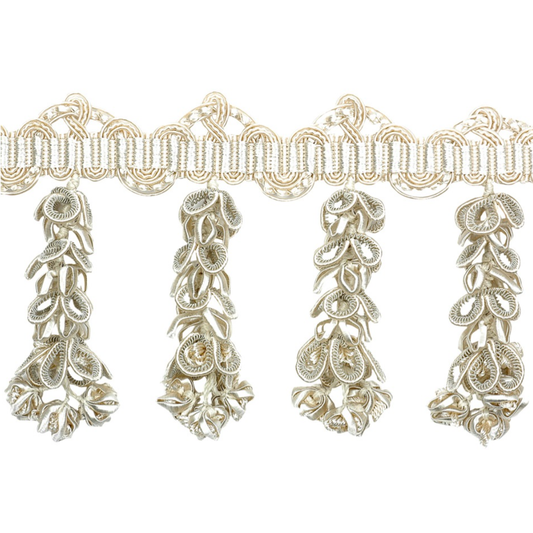 Decorative metallic lace trim with intricate patterns on a white background