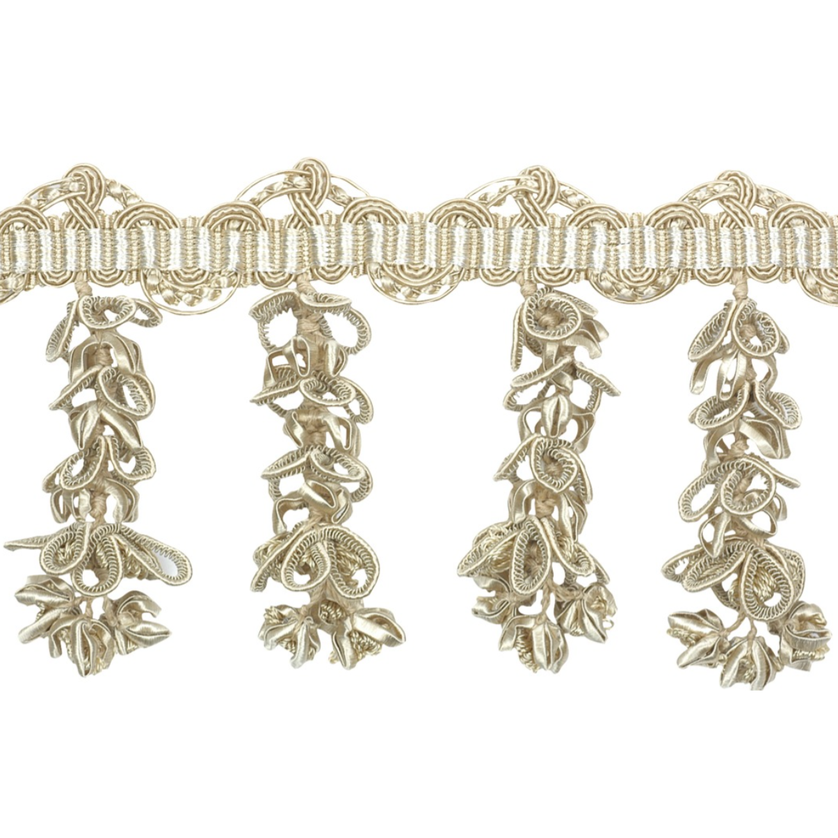 Decorative gold lace trim with floral patterns on a white background