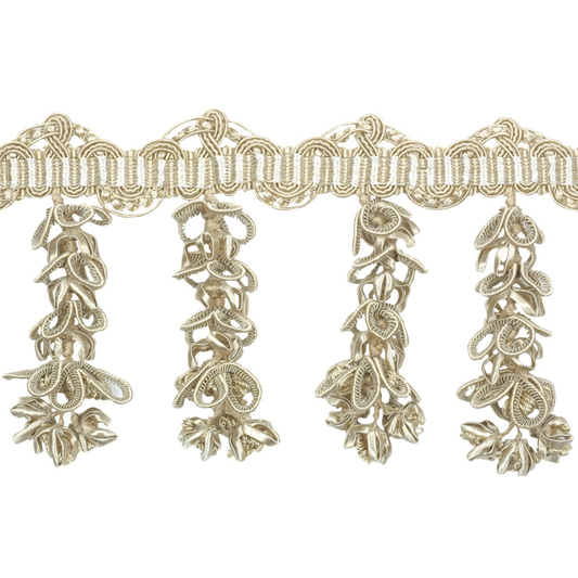 Decorative gold lace trim with floral patterns on a white background