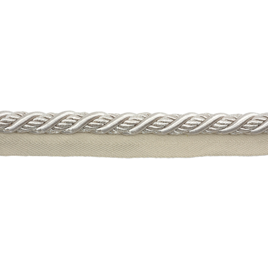 Silver braided trim on a beige fabric background