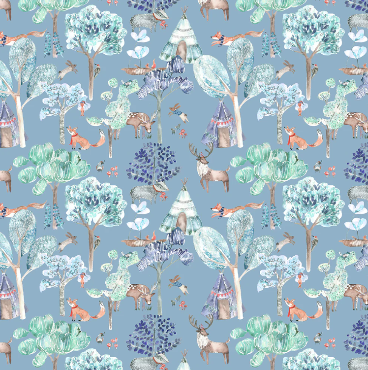 Junior forest fabric denim with woodland animal print featuring foxes, deer, and trees on a blue background, ideal for kids' bedroom curtains.