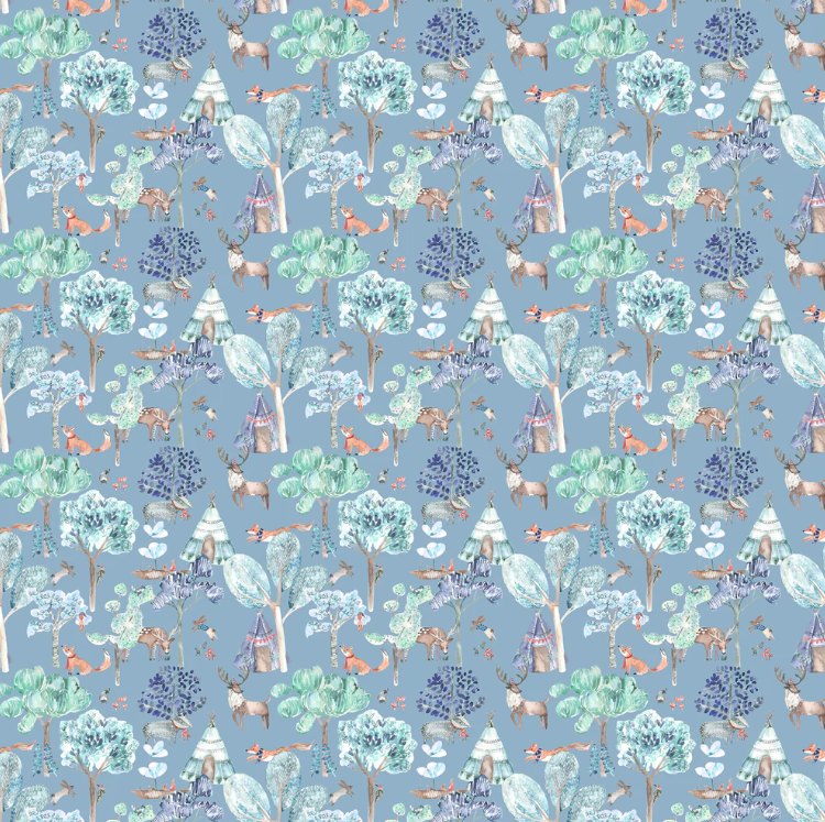 Woodland-themed junior forest fabric denim with playful animal and tree patterns on a blue background, perfect for child-friendly interior projects.