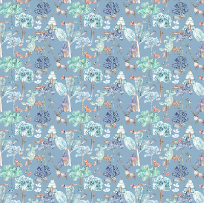 Woodland-themed junior forest fabric denim with playful animal and tree patterns on a blue background, perfect for child-friendly interior projects.