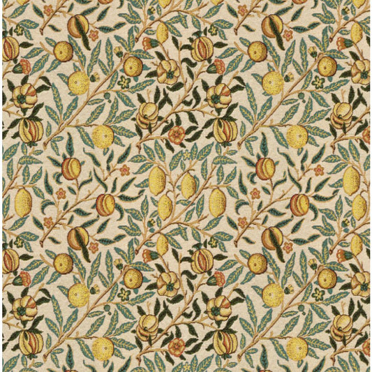 William Morris Fruit Jacquard fabric in natural tones featuring citrus fruits, pomegranates, and floral motifs, ideal for upholstery or curtains.