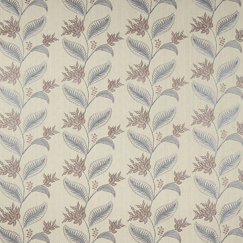 Climbing Fruitlet Dove fabric with intricate arts and crafts embroidery featuring delicate floral and leaf patterns in soft beige and blue tones.