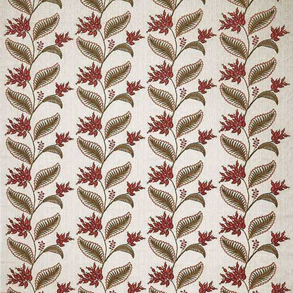 Climbing Fruitlet Ruby fabric with intricate red floral embroidery and green leaves on a cream background, ideal for arts and crafts projects.