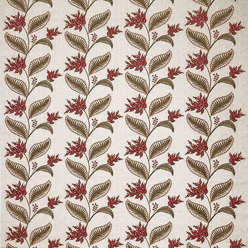 Climbing Fruitlet Ruby fabric with intricate red floral embroidery and green leaves on a cream background, ideal for arts and crafts projects.