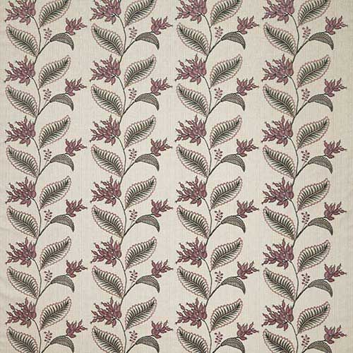 Climbing Fruitlet Thistle fabric with intricate arts and crafts embroidery featuring purple floral and green leaf patterns on a beige background.