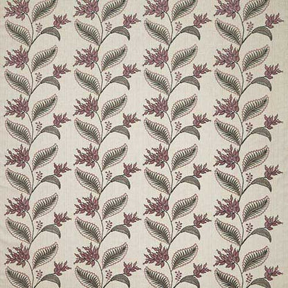 Climbing Fruitlet Thistle fabric with intricate arts and crafts embroidery featuring purple floral and green leaf patterns on a beige background.