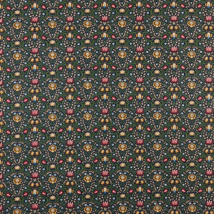 Garnett Jewel fabric with intricate Arts and Crafts floral pattern in vibrant colours on a dark background, ideal for curtains and upholstery.