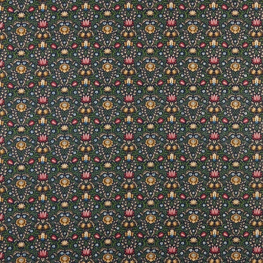 Garnett Jewel fabric with intricate Arts and Crafts floral pattern in vibrant colours on a dark background, ideal for curtains and upholstery.