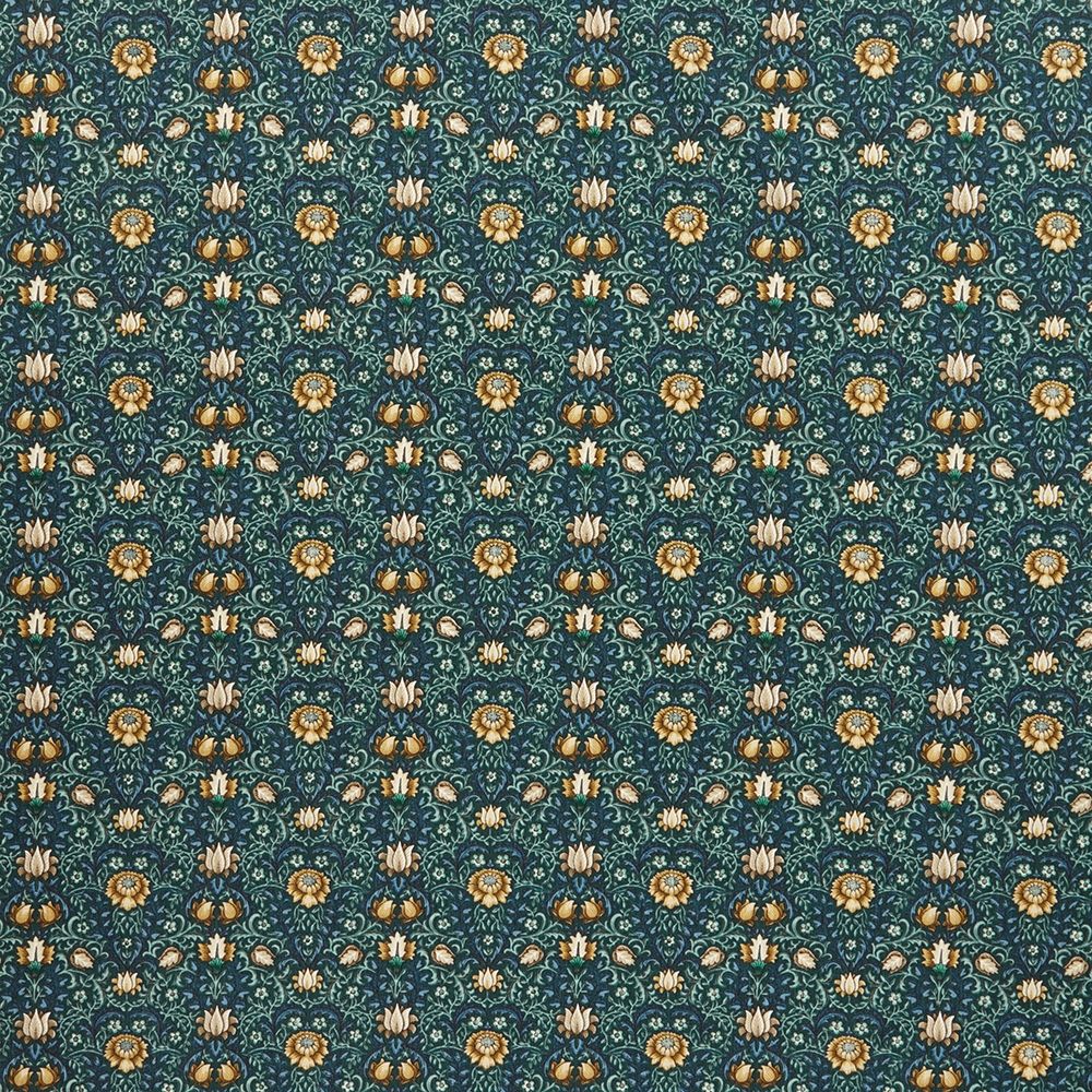 Garnett Midnight cotton fabric with intricate Arts and Crafts floral pattern in green and gold tones, ideal for curtains and upholstery projects.