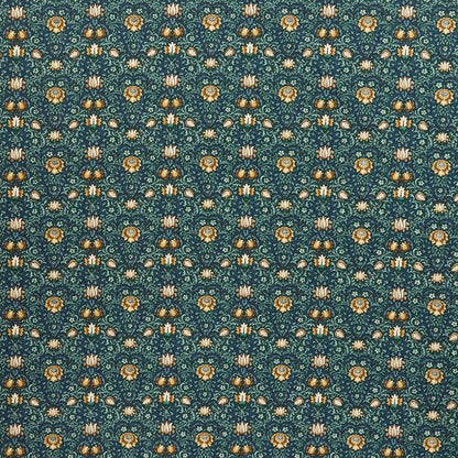 Garnett Midnight cotton fabric with intricate Arts and Crafts floral pattern in green and gold tones, ideal for curtains and upholstery projects.