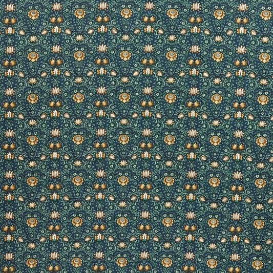 Garnett Midnight cotton fabric with intricate Arts and Crafts floral pattern in green and gold tones, ideal for curtains and upholstery projects.