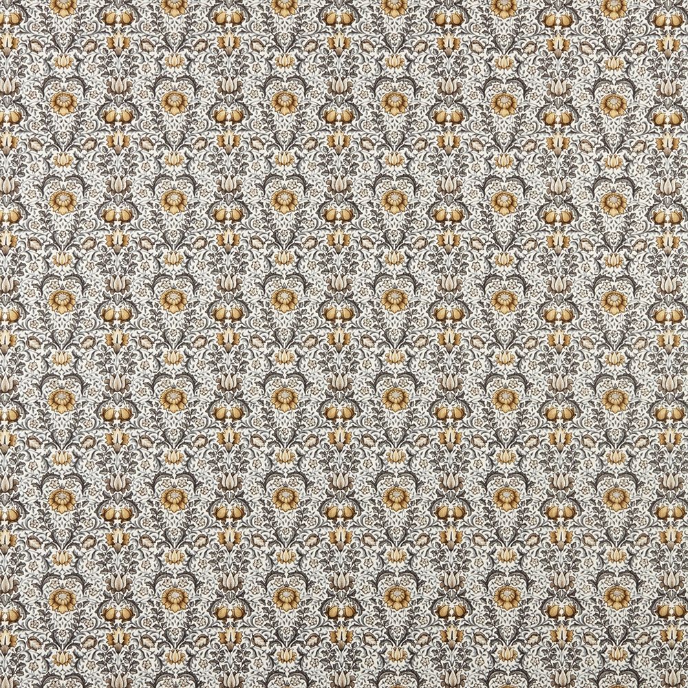 Garnett Ochre fabric with intricate Arts and Crafts floral pattern in ochre and grey tones, ideal for curtains and upholstery projects.