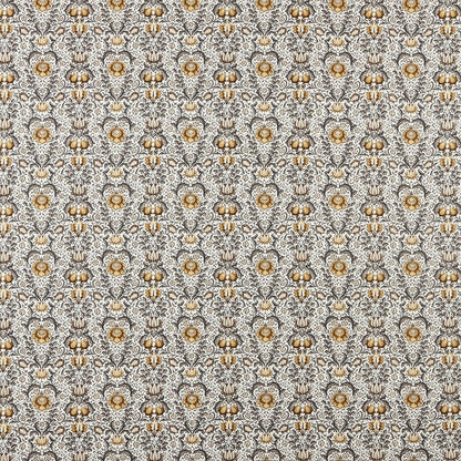 Garnett Ochre fabric with intricate Arts and Crafts floral pattern in ochre and grey tones, ideal for curtains and upholstery projects.