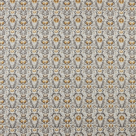 Garnett Ochre fabric with intricate Arts and Crafts floral pattern in ochre and grey tones, ideal for curtains and upholstery projects.