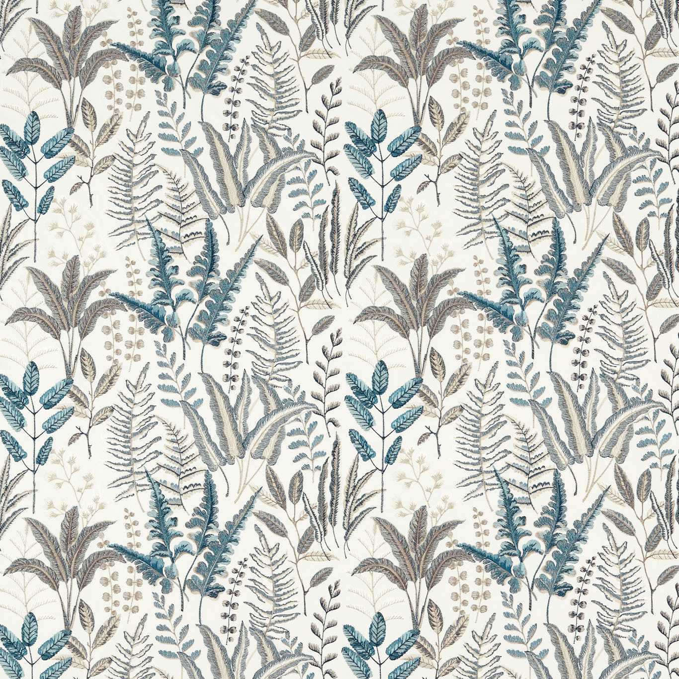 Grassington Fern Embroidered Denim fabric featuring intricate floral and foliage patterns in blue and beige tones, ideal for curtains and upholstery.