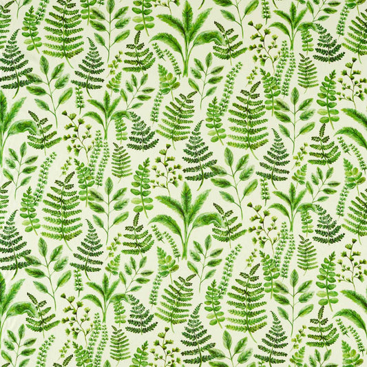 Grassington Fern Forest fabric featuring lush green fern and foliage patterns on a light background, ideal for curtains and crafts.