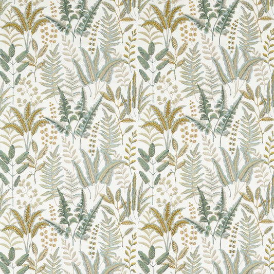 Grassington Fern Embroidered Glade fabric featuring intricate floral and fern patterns in green, gold, and blue tones on a cream background.