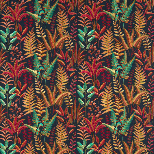 Grassington Fern Embroidered Russet/Aqua fabric featuring intricate floral and foliage patterns in vibrant russet and aqua tones on a dark background.