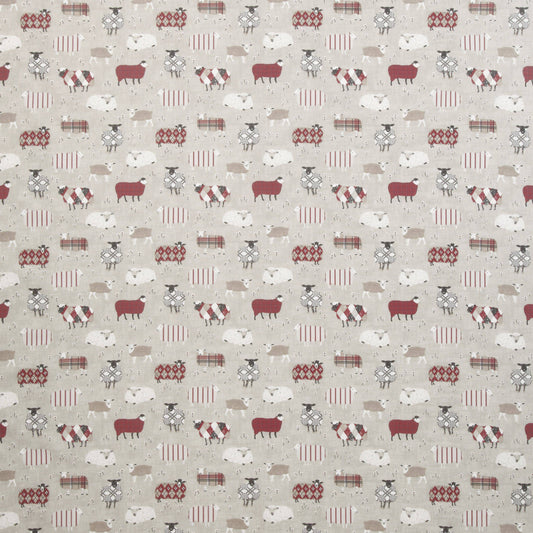 Grazing Pastures Carmine animal fabric featuring whimsical sheep in red, white, and beige tones, ideal for kids’ curtains or upholstery projects.