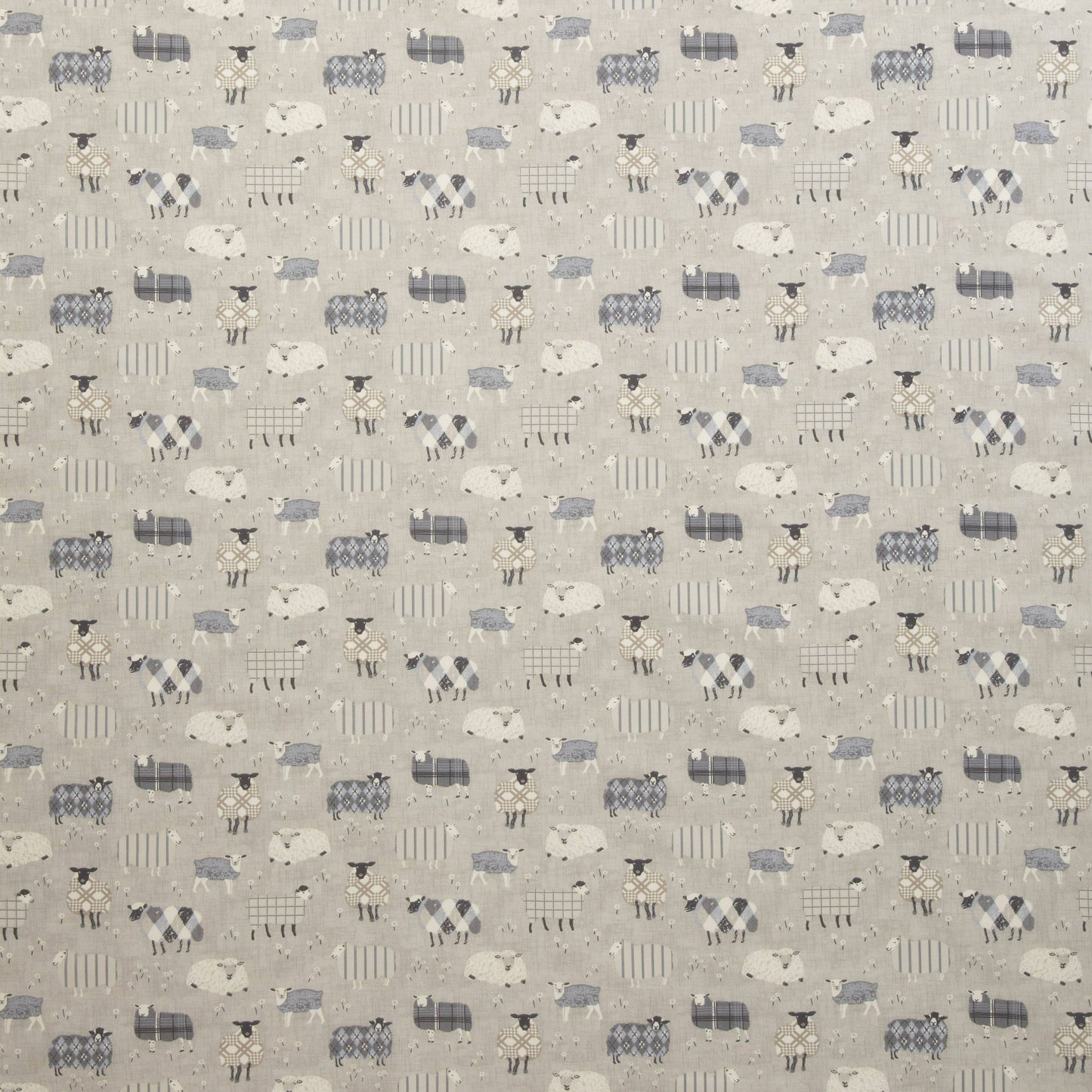 Grazing Pastures Charcoal animal fabric featuring playful sheep patterns in grey and white, ideal for kids’ rooms curtains or upholstery projects.