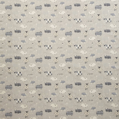 Grazing Pastures Charcoal animal fabric featuring playful sheep patterns in grey and white, ideal for kids’ rooms curtains or upholstery projects.
