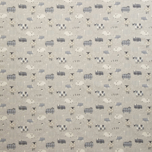 Grazing Pastures Charcoal animal fabric featuring playful sheep patterns in grey and white, ideal for kids’ rooms curtains or upholstery projects.