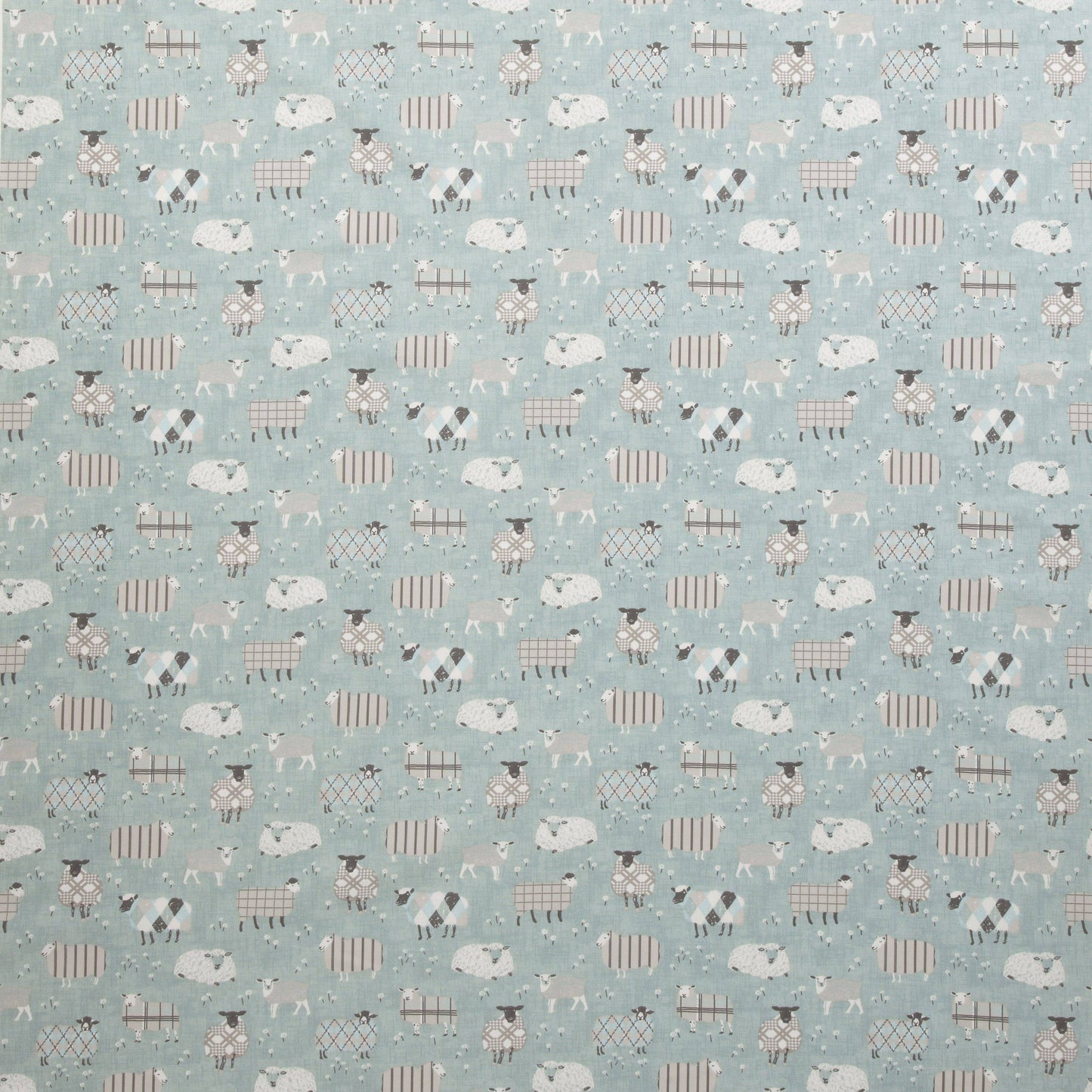 Grazing Pastures Duck Egg animal fabric featuring whimsical sheep patterns on soft blue textile, ideal for kids’ room curtains or upholstery.