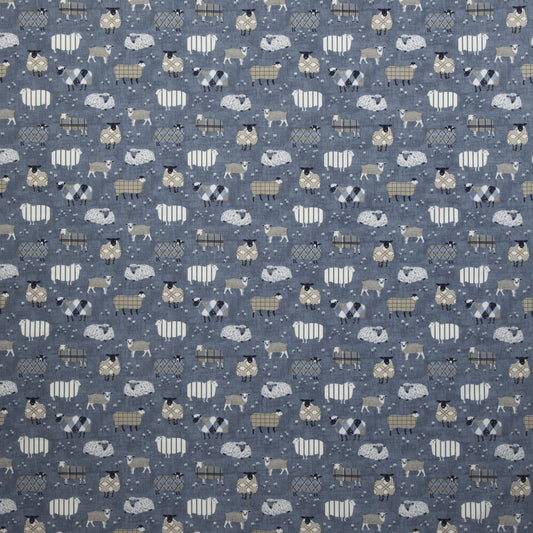 Grazing Pastures Slate animal fabric featuring playful sheep patterns in blue and beige tones, ideal for kids' room curtains or upholstery projects.