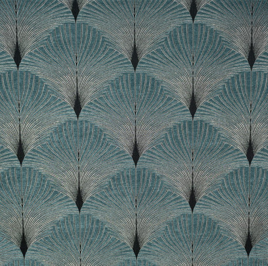 Jazz Greenwich art deco fabric in teal and silver chenille with intricate fan-shaped patterns, ideal for upholstery and crafting projects.