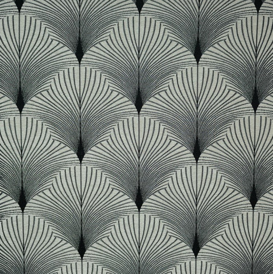 Jazz Jersey fabric with intricate art deco design in silver and black chenille, ideal for upholstery and crafting elegant textiles.