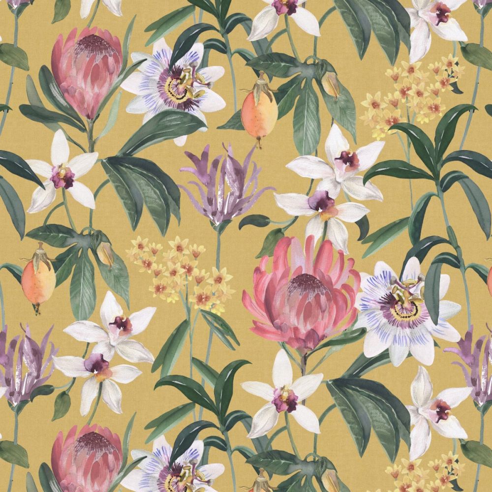 Kieli Floral Ochre Curtain Fabric