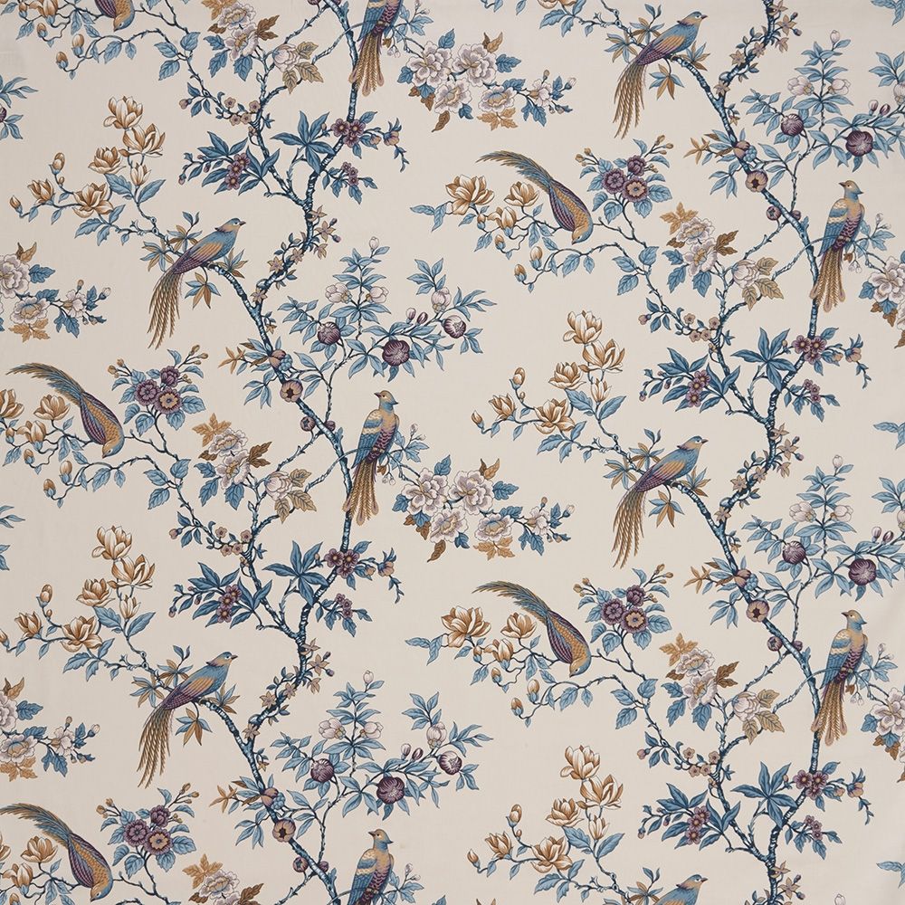 Sakura Kyoto Dusty Blue cotton fabric featuring a delicate floral design with perched birds on cream background, ideal for curtains and upholstery.