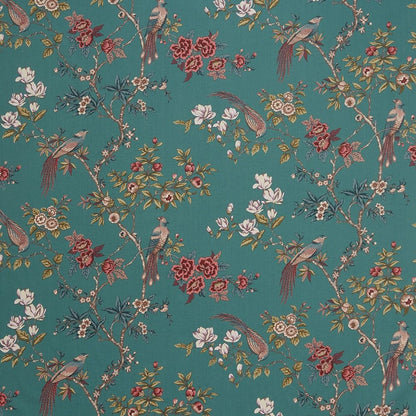 Sakura Kyoto Emerald cotton fabric with intricate floral and bird patterns in green, ideal for curtains, cushions, and upholstery.