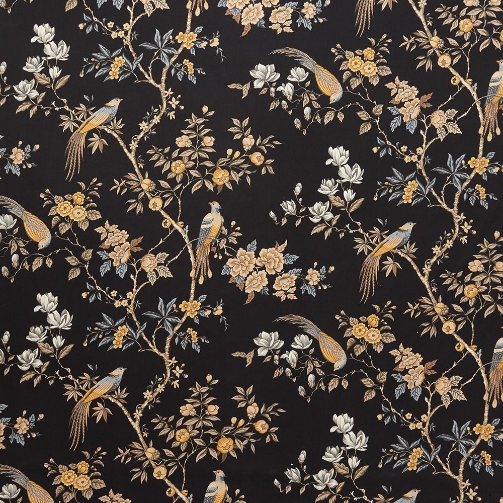 Sakura Kyoto Obsidian cotton fabric with intricate floral and bird design on a black background, ideal for curtains, cushions, and upholstery.