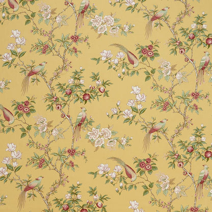 Sakura Kyoto Jasmine cotton fabric in yellow with blooming floral design and perched birds, ideal for curtains, cushions, and upholstery.