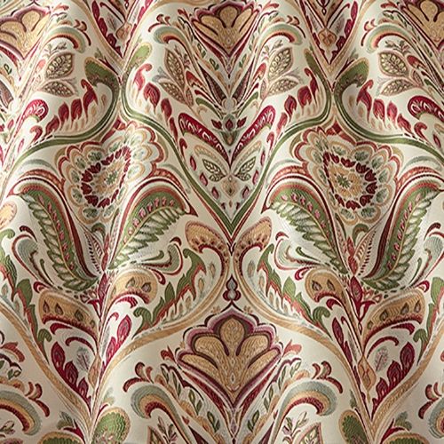 Lawrence Claret woven damask fabric featuring an arts and crafts floral design in red, green, and cream tones. Ideal for curtains and home décor.