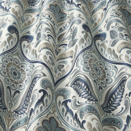 Lawrence Prussian damask fabric with arts and crafts floral design in blue tones, ideal for curtains and home décor.