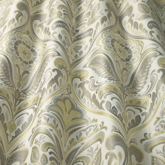 Lawrence Sand woven damask fabric with an arts and crafts floral design in soft gold and grey tones, ideal for curtains and home décor.