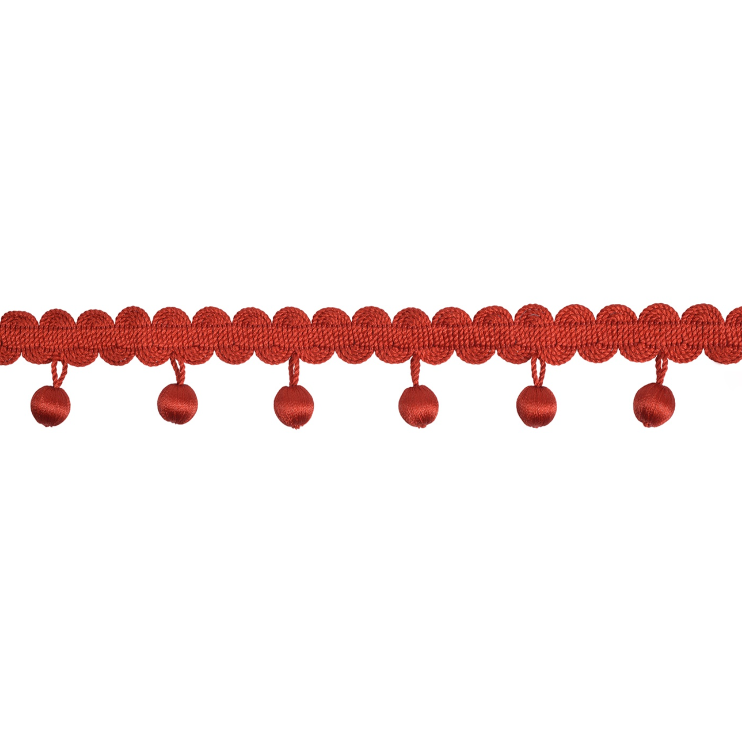 Red decorative trim with small red balls on a white background