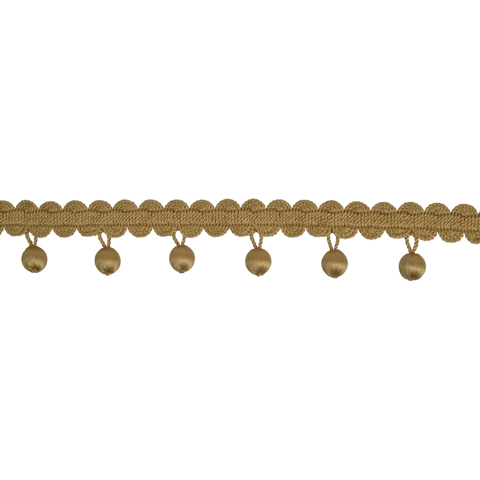 Decorative gold trim with spherical embellishments on a white background