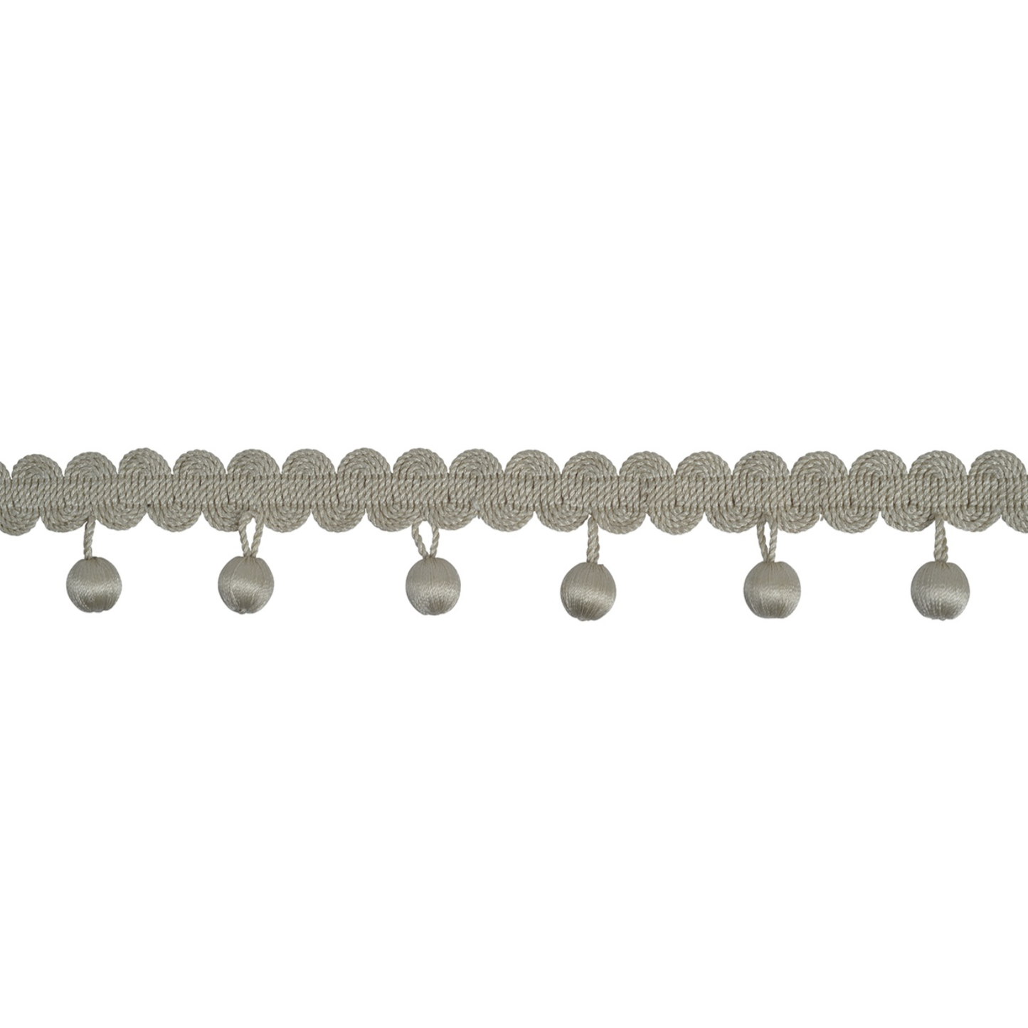 Decorative trim with braided design and hanging beads on a white background