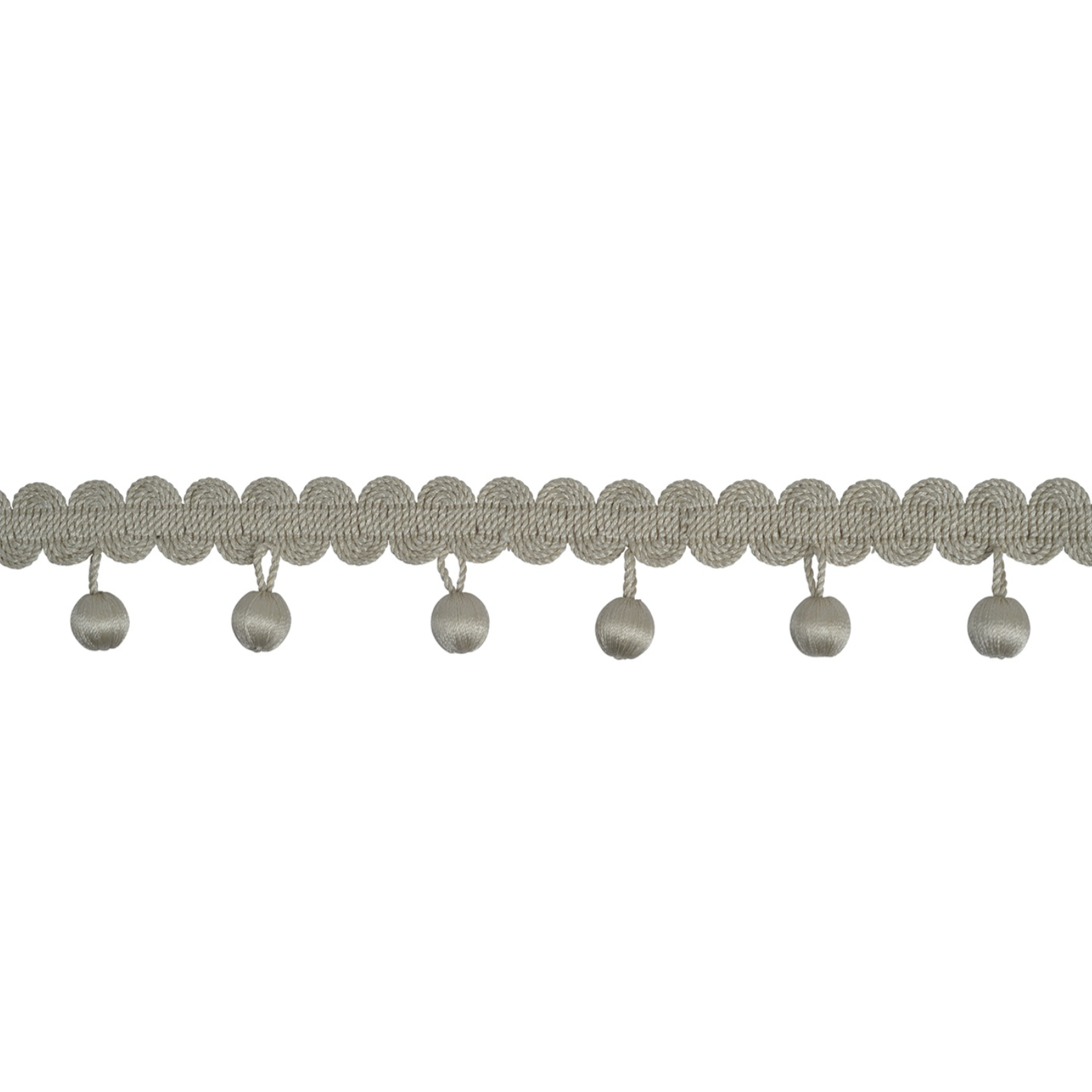 Decorative trim with braided design and hanging beads on a white background